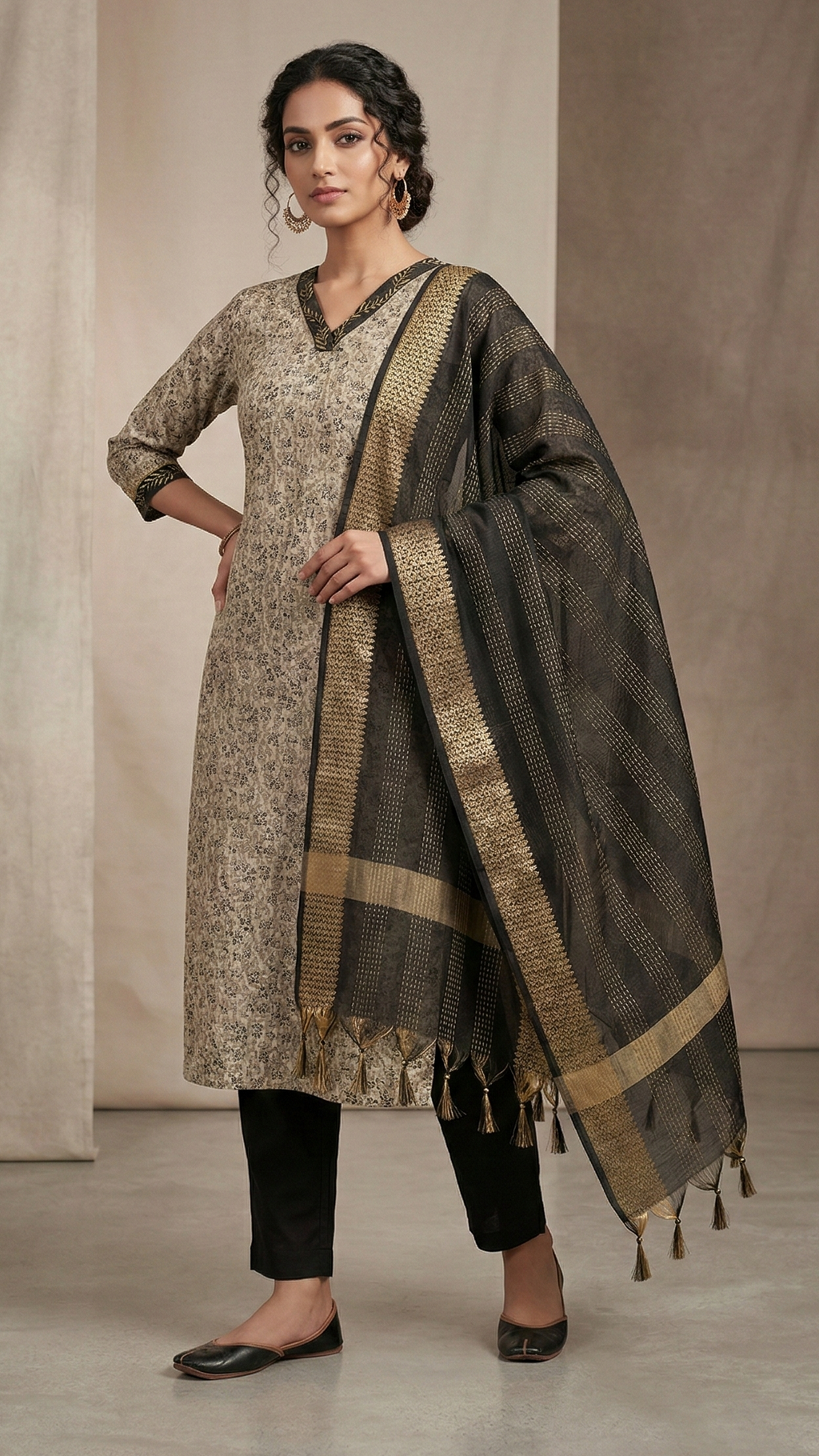 Woman wearing a traditional outfit with a shawl against a neutral background