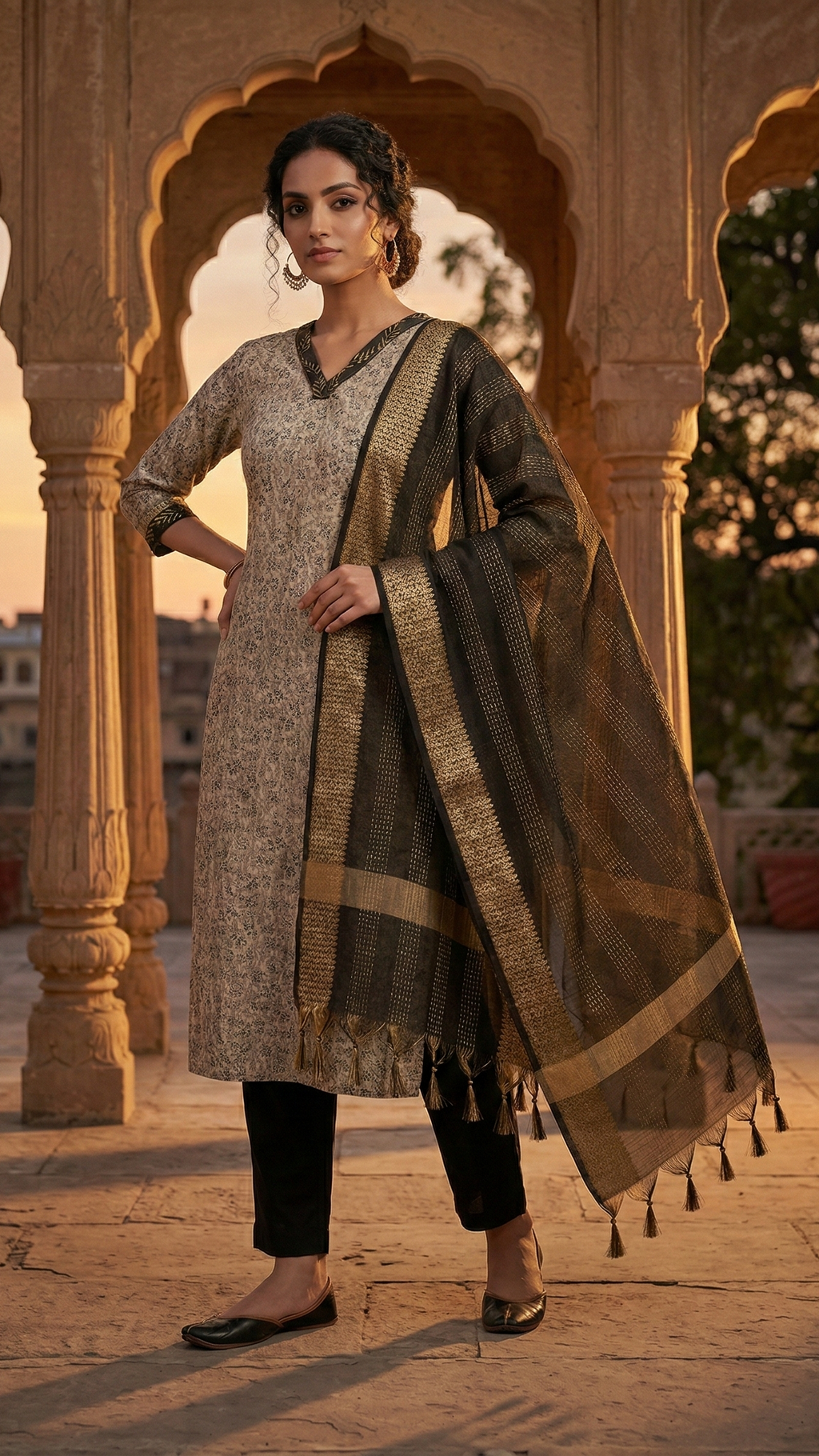 Woman in traditional attire standing in an architectural setting with sunset lighting