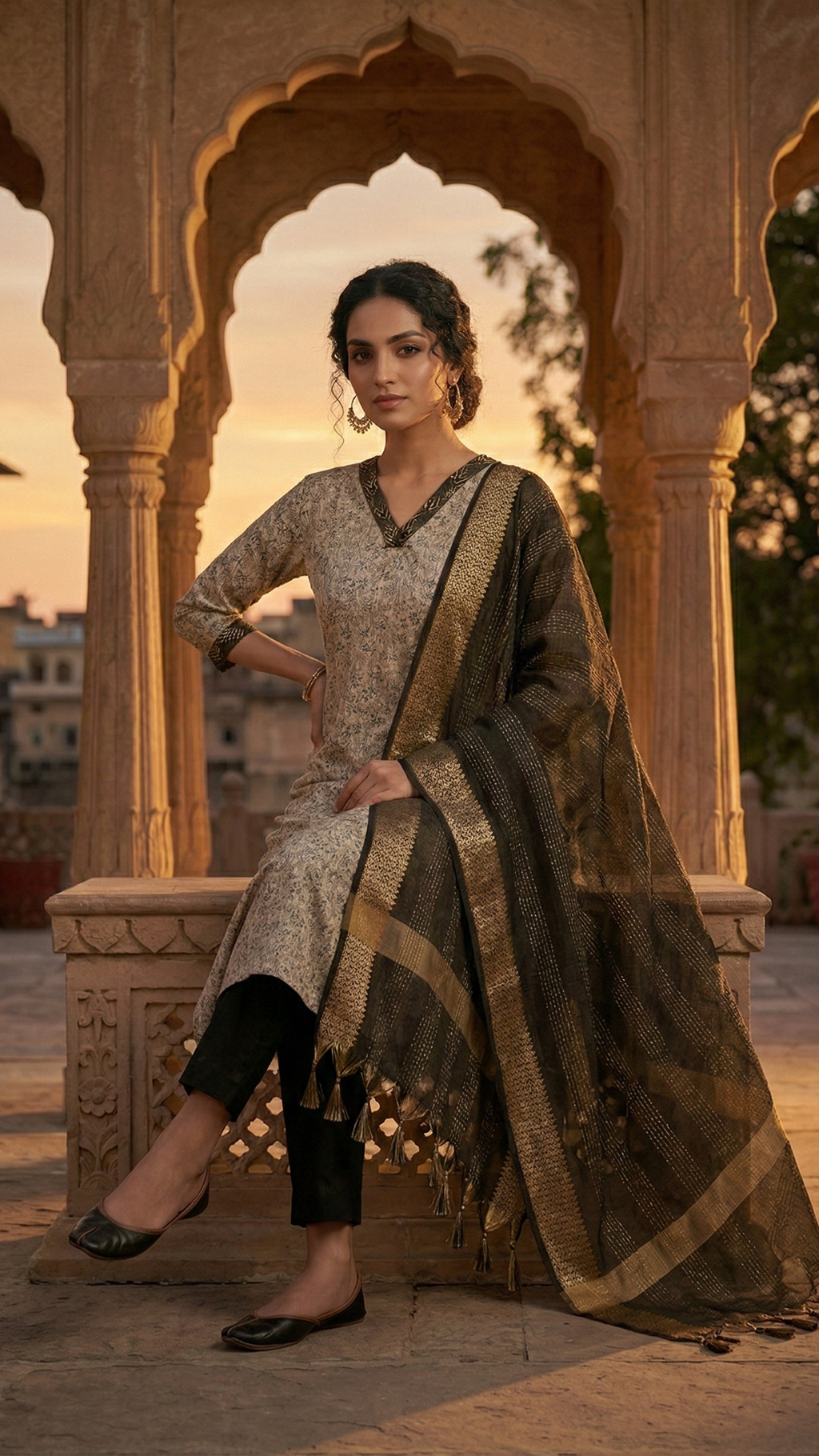 Woman in traditional attire standing in an architectural setting with sunset or sunrise light.