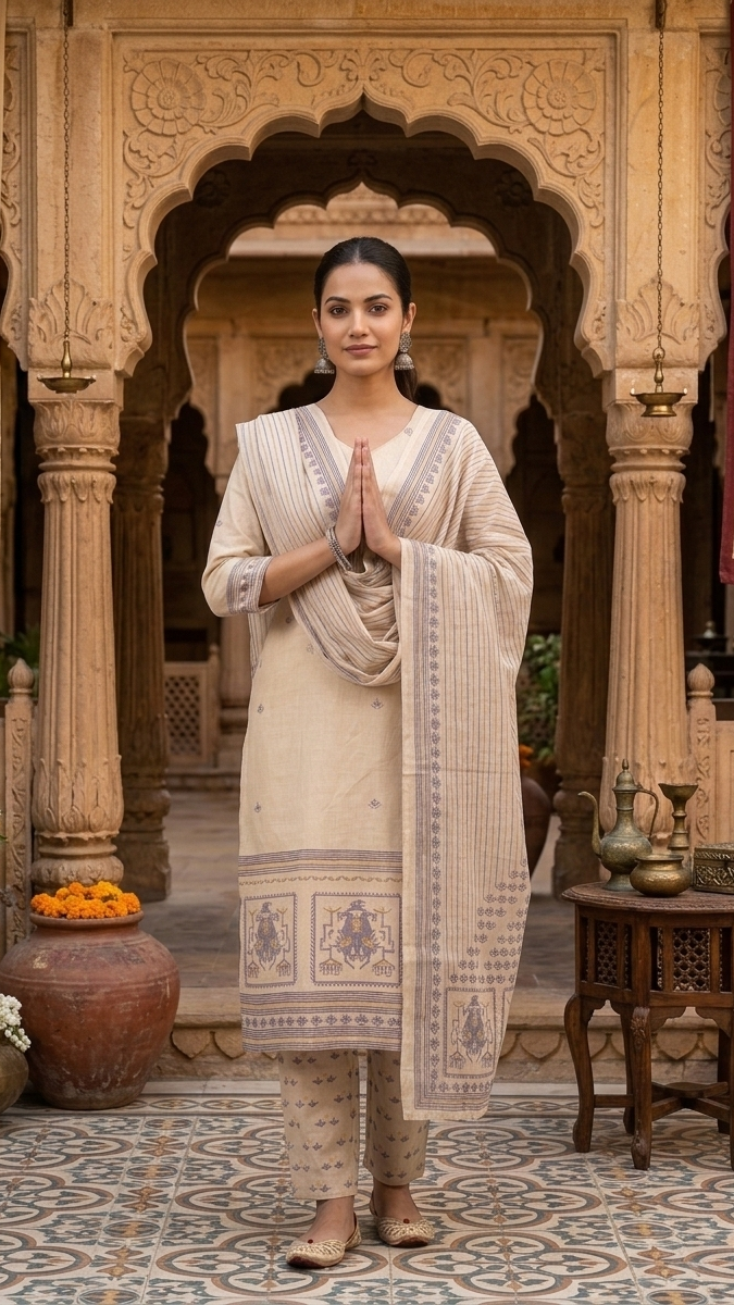 Woman in traditional attire standing in an ornate indoor setting with decorative elements.