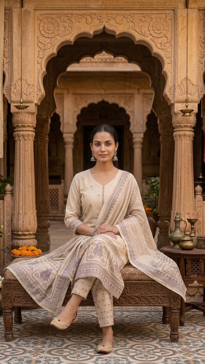 Woman in traditional attire sitting in a decorative indoor setting with ornate architecture.