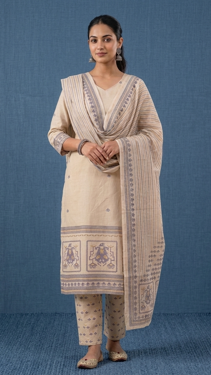 Woman wearing a traditional outfit with a blue background
