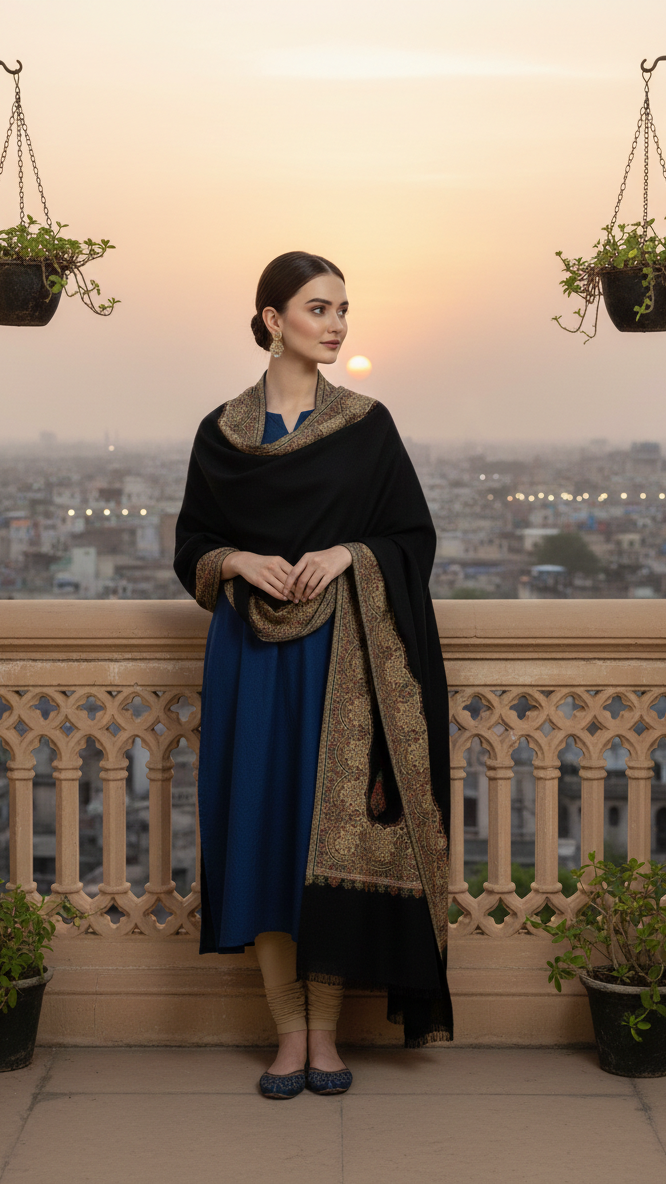 Woman in a black and blue traditional outfit standing on a balcony with a cityscape view.