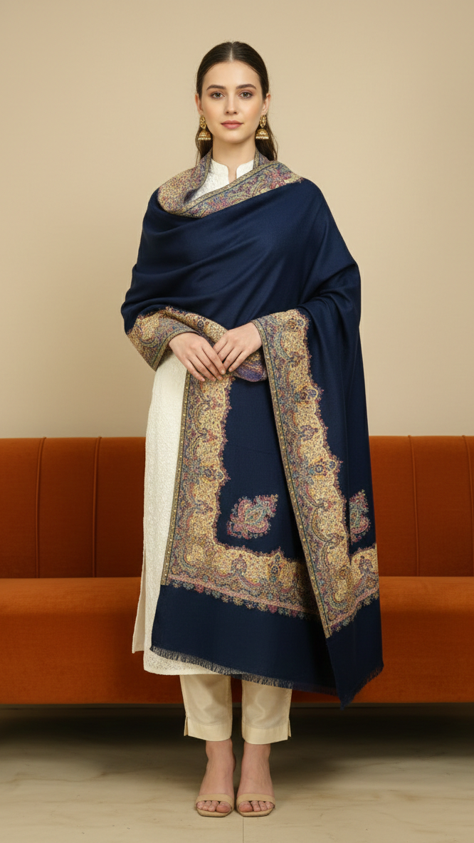 Woman wearing a navy blue shawl with intricate patterns in a room with an orange couch.