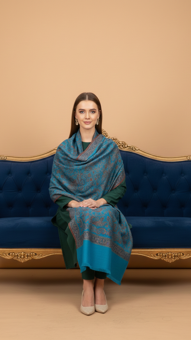 Woman sitting on a blue couch wearing a blue patterned shawl against a beige background