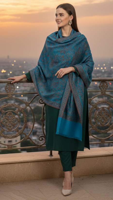 Woman in a teal outfit standing on a balcony with a cityscape at sunset.