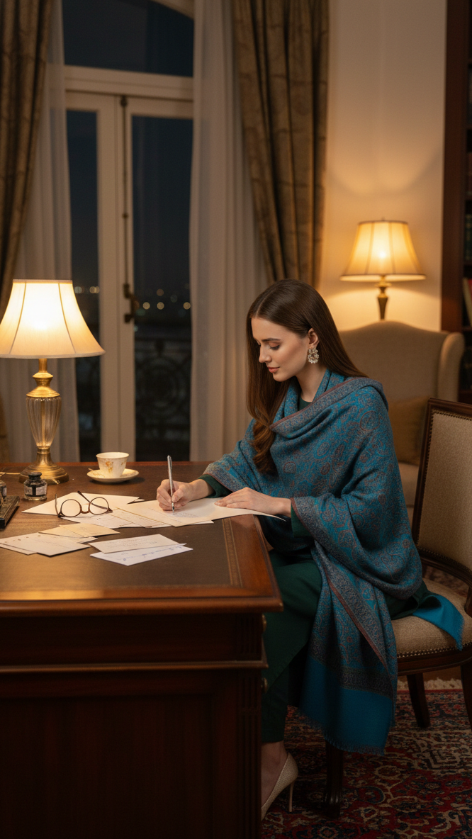 Woman in a blue shawl sitting at a desk in a room with lamps and books.