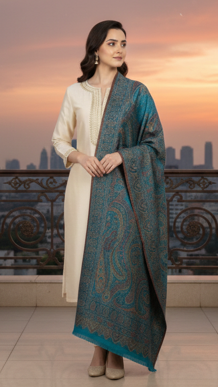 Woman in traditional attire standing on a balcony with a cityscape and sunset in the background