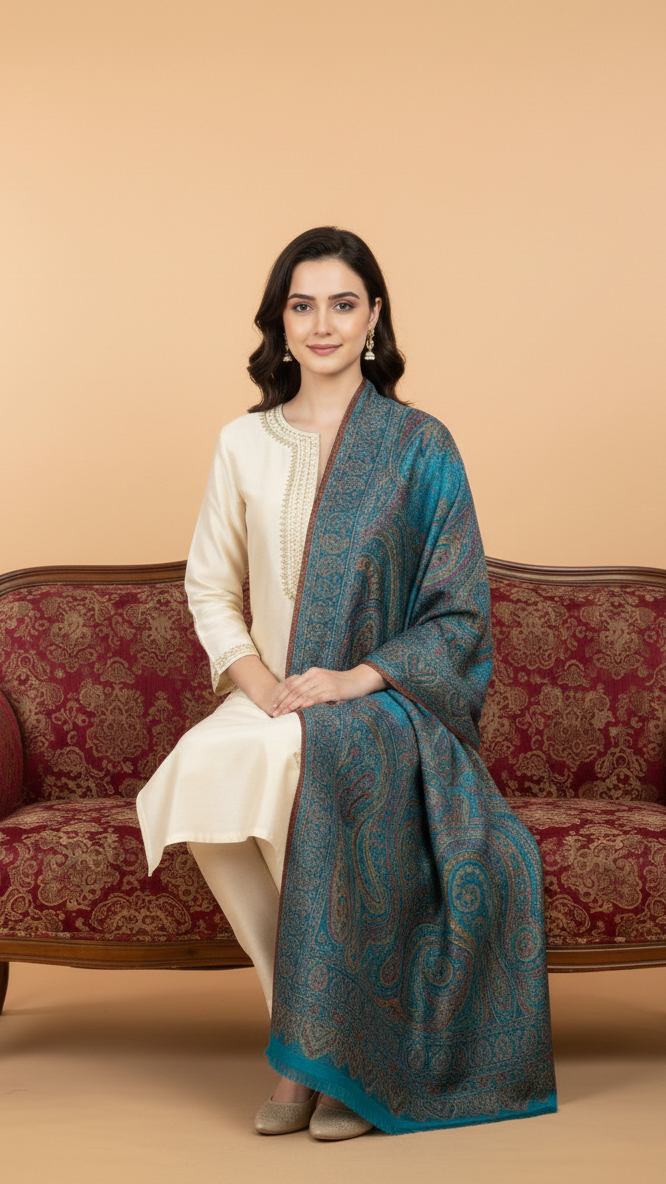Woman in a white outfit with a blue shawl sitting on a patterned sofa against a beige background