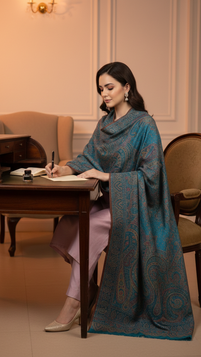 Woman sitting at a desk in an elegant room, wearing a blue patterned shawl.