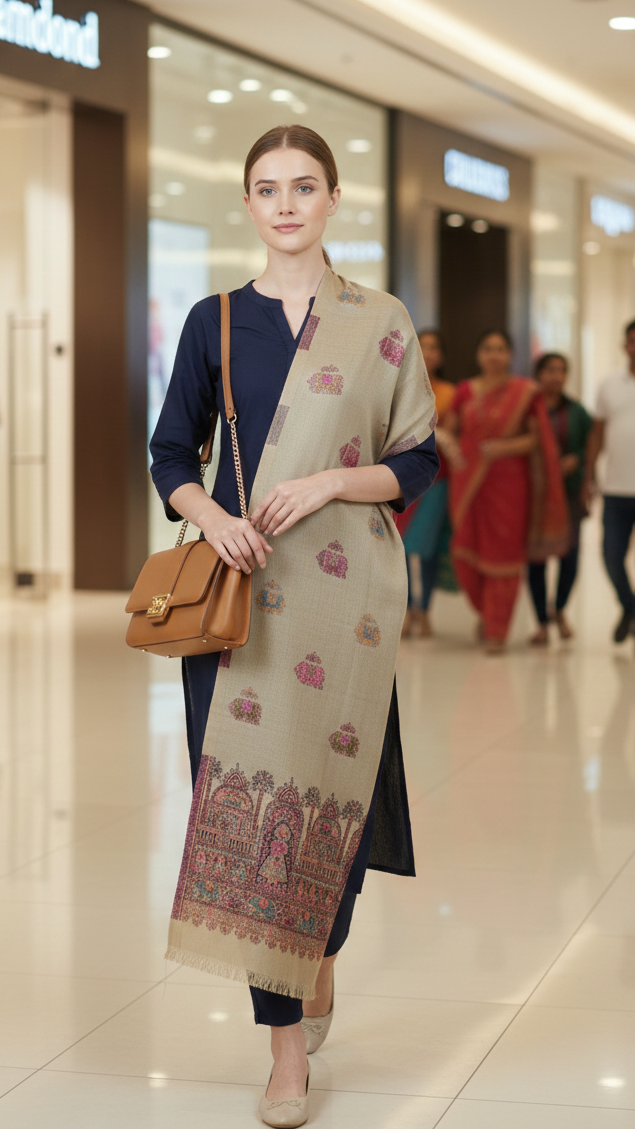 Woman in a beige patterned shawl and navy dress standing in a shopping mall.