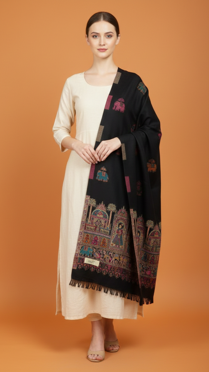 Woman wearing a cream kurta with a black embroidered shawl on an orange background