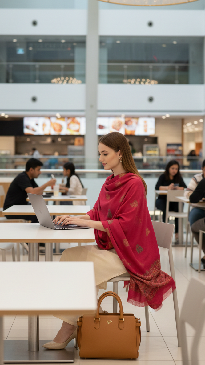 Woman using a laptop in a modern mall setting