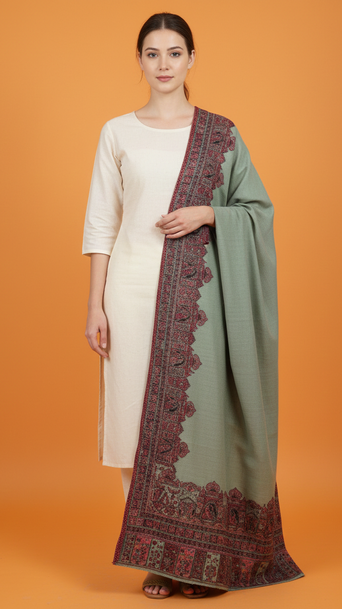 Woman holding a green dupatta with maroon border against an orange background