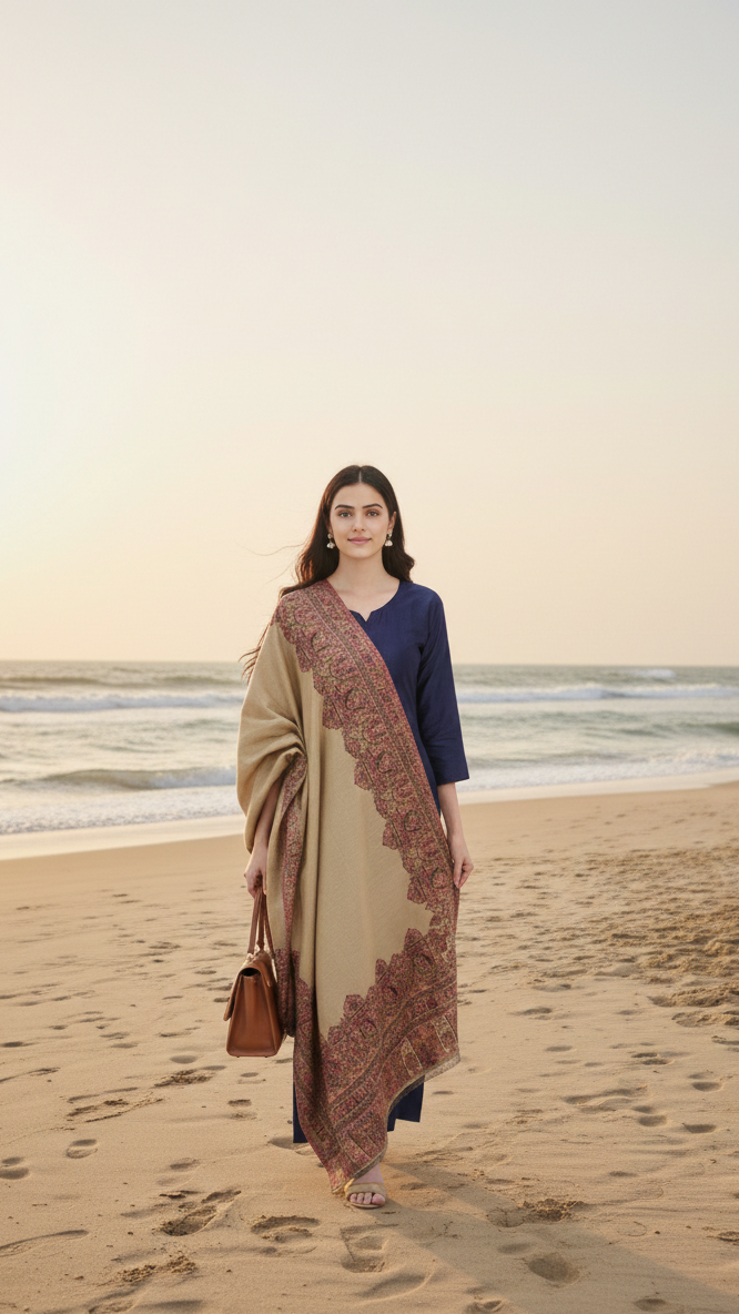 Woman in a saree standing on a beach with ocean in the background