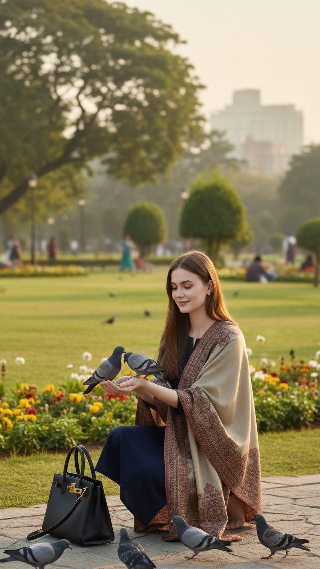 Woman feeding pigeons in a park with trees and flowers in the background