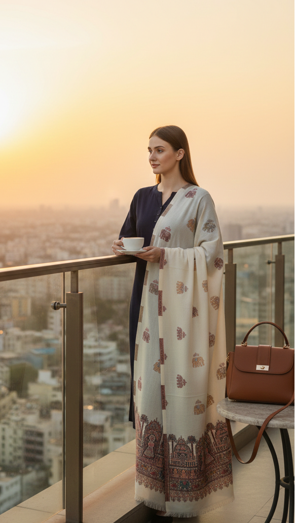 Woman standing on a balcony with a cityscape view during sunset.