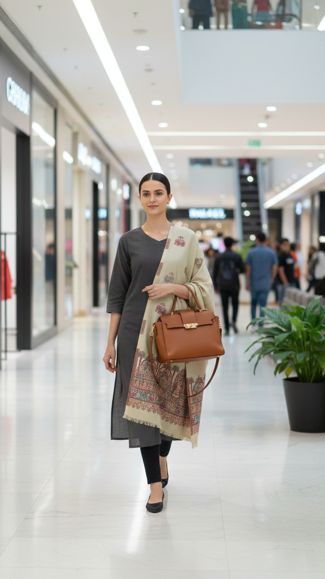 Woman holding a brown handbag in a shopping mall