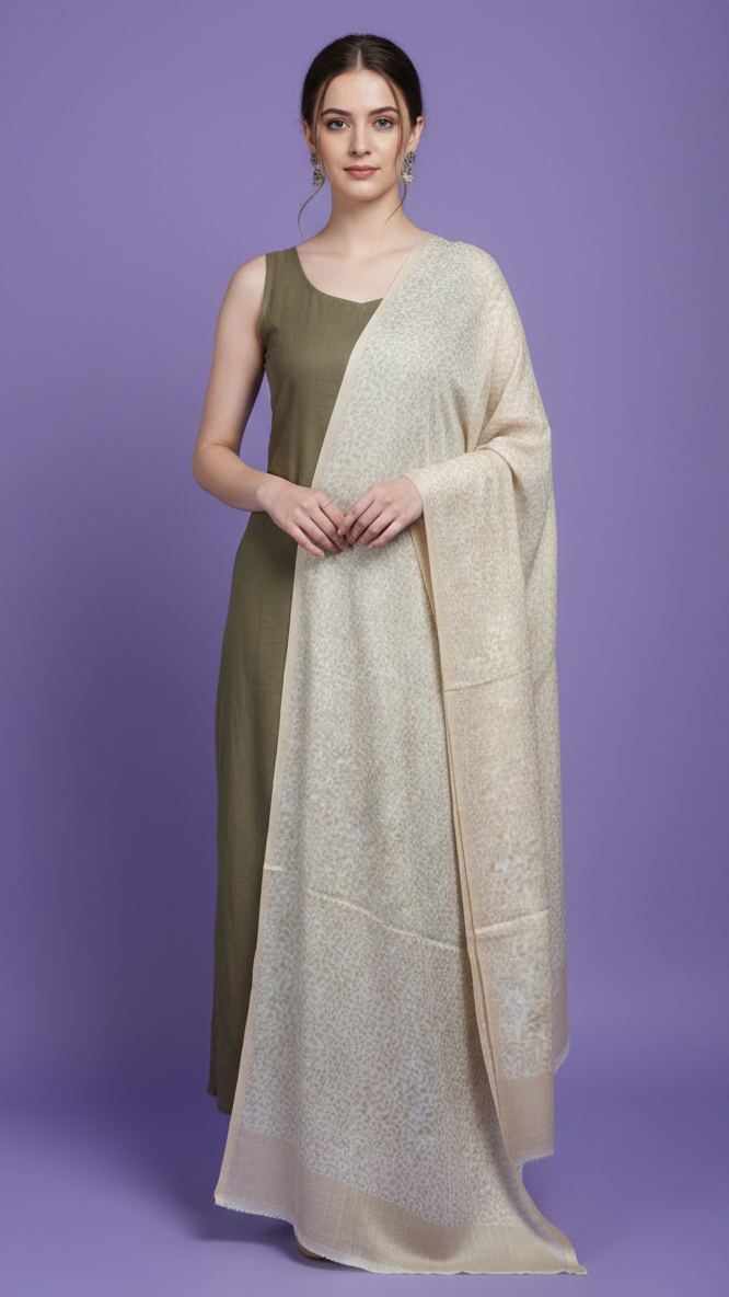 Woman wearing a long beige shawl over a green dress against a purple background