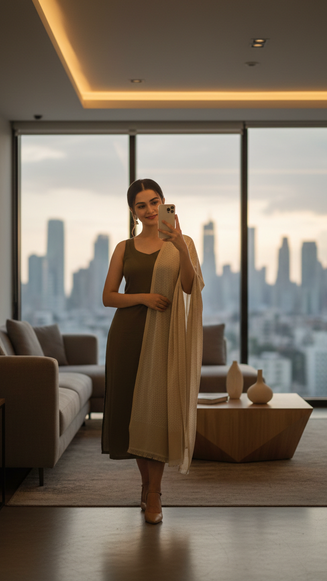 Woman holding a phone in a modern living room with city skyline view