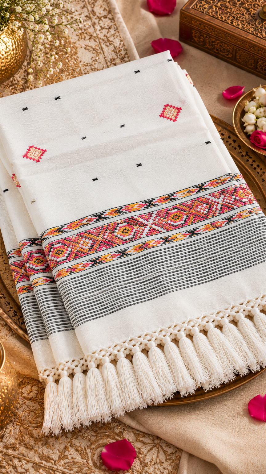 Kullu Border, Traditional, Ethnic, Warm Shawl | White | REET by Bunaiganj