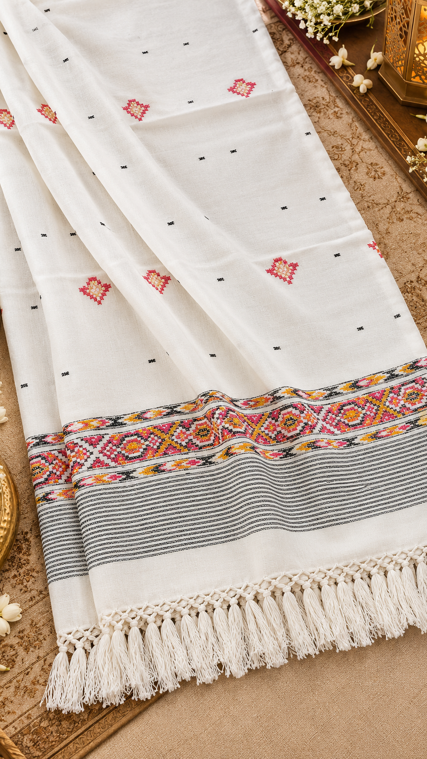 Kullu Border, Traditional, Ethnic, Warm Shawl | White | REET by Bunaiganj
