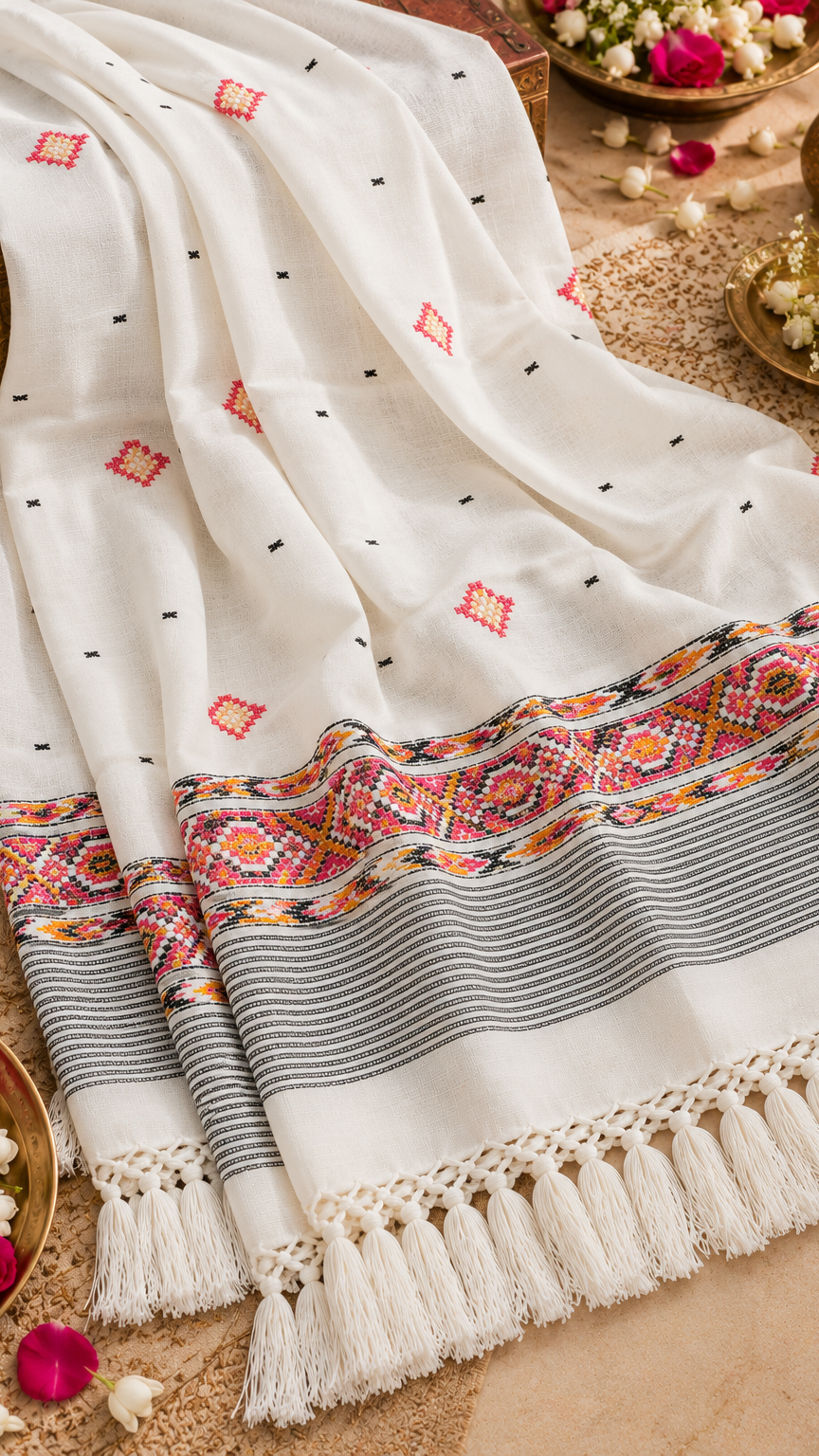 Kullu Border, Traditional, Ethnic, Warm Shawl | White | REET by Bunaiganj