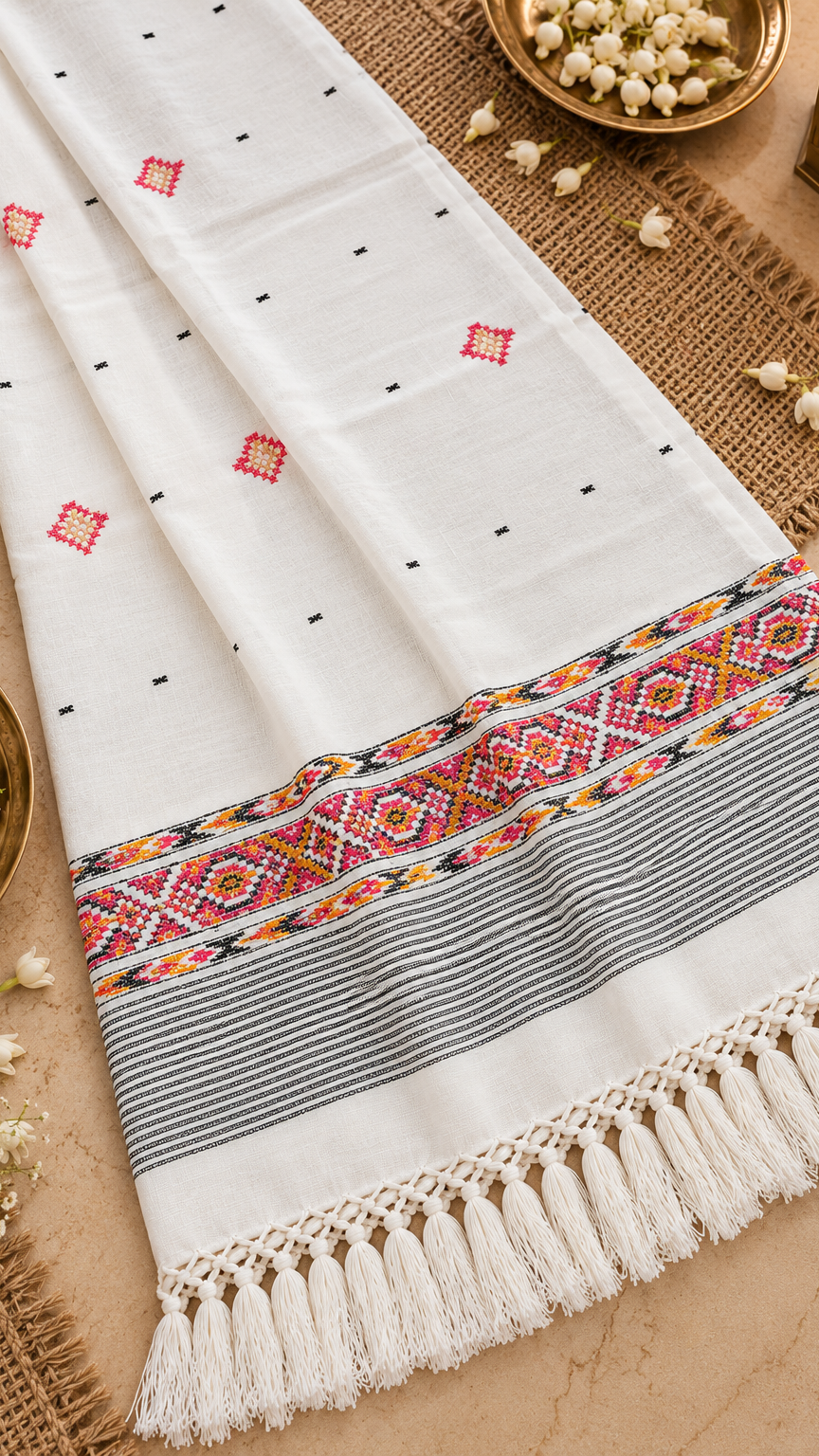 Kullu Border, Traditional, Ethnic, Warm Shawl | White | REET by Bunaiganj