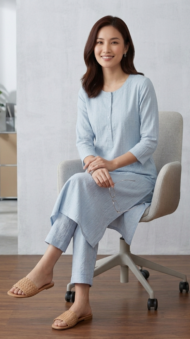 Woman in a light blue outfit sitting on a chair in an office setting