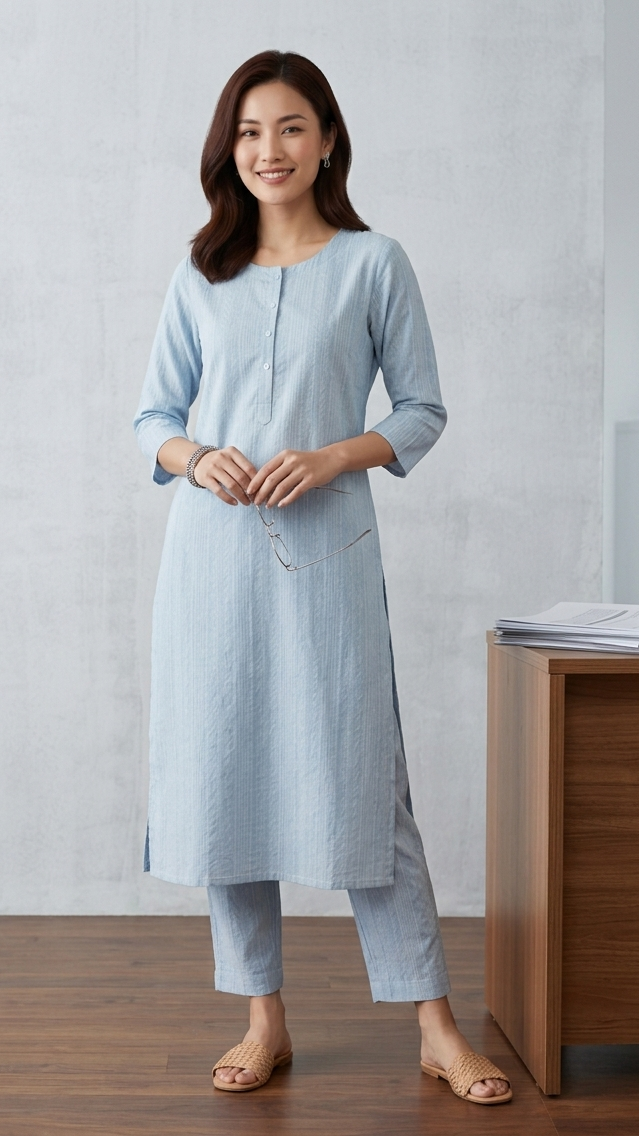 Woman wearing a light blue outfit in an office setting
