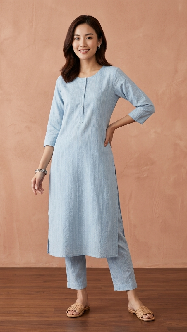 Woman wearing a light blue kurta with pants against a brown background