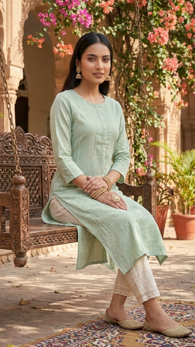 Woman in a light green kurta sitting on a wooden swing with floral decorations in the background