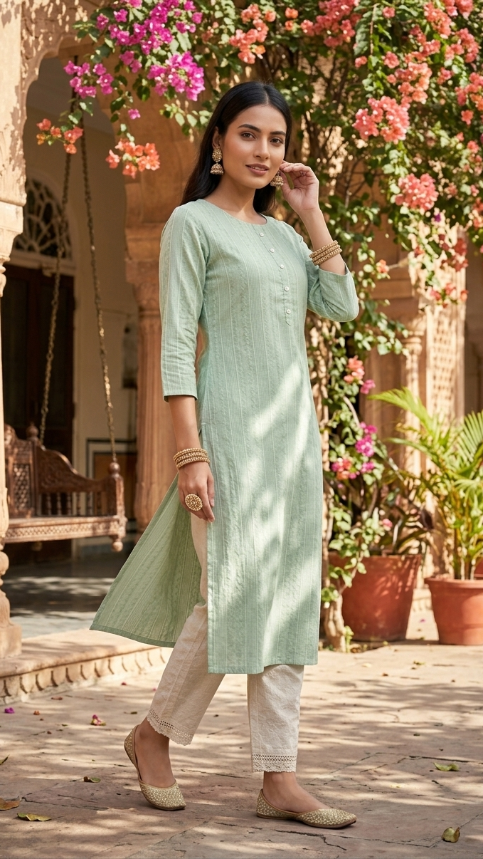 Woman in a light green kurta with beige pants standing in a decorative outdoor setting with flowers and plants.