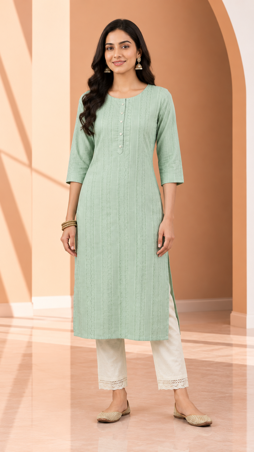 A woman modeling a light sage green kurta with three-quarter sleeves and a buttoned neckline, paired with off-white pants and beige flat shoes, set against a warm beige architectural background.