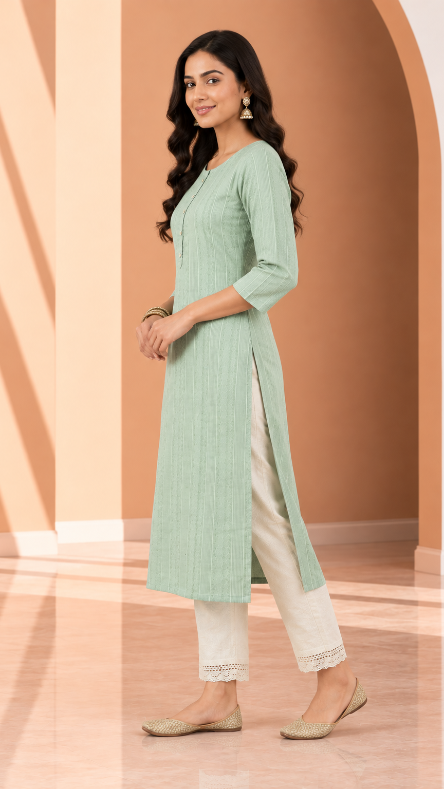A woman modeling a light sage green kurta with three-quarter sleeves and side slits, paired with off-white pants and beige flat shoes, standing in a warm-toned architectural studio setting.