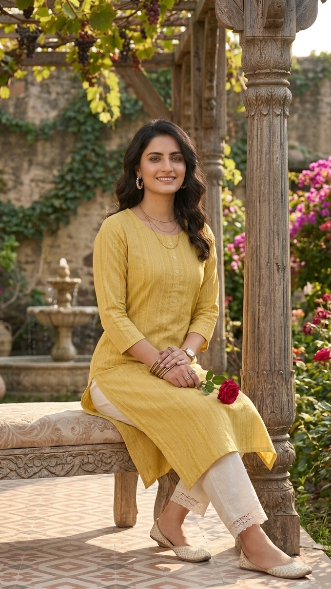 Woman in a yellow kurta sitting on a bench in a garden setting