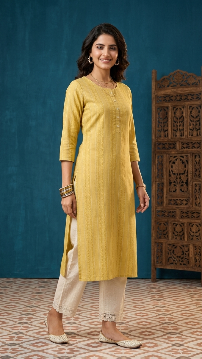 Woman wearing a yellow kurta with white pants standing against a blue wall with wooden carvings.