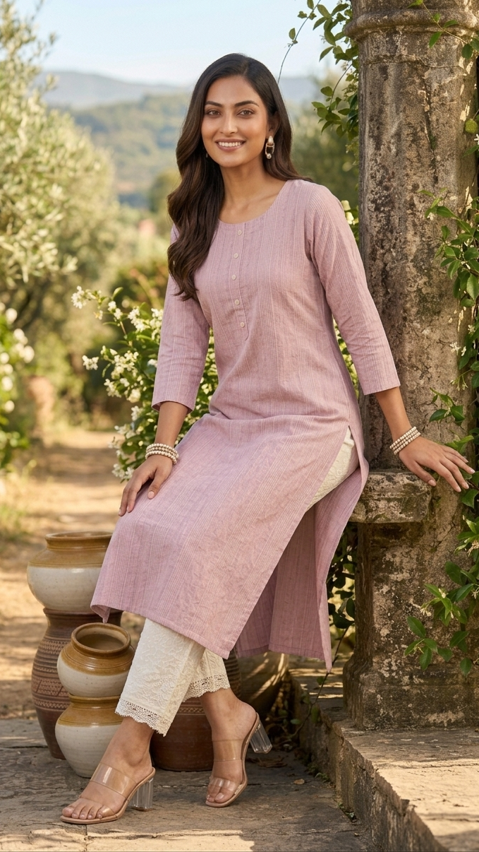 Woman in a pink kurta sitting outdoors with greenery and pottery in the background