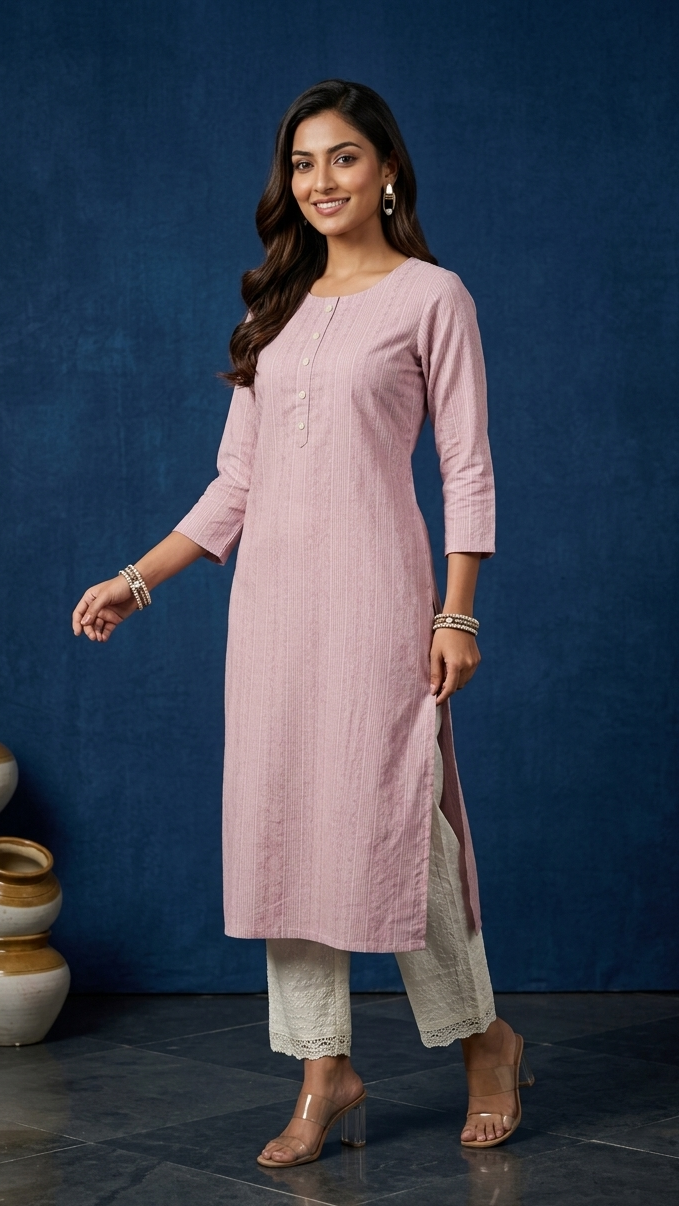 Woman wearing a pink kurta with white pants against a blue background