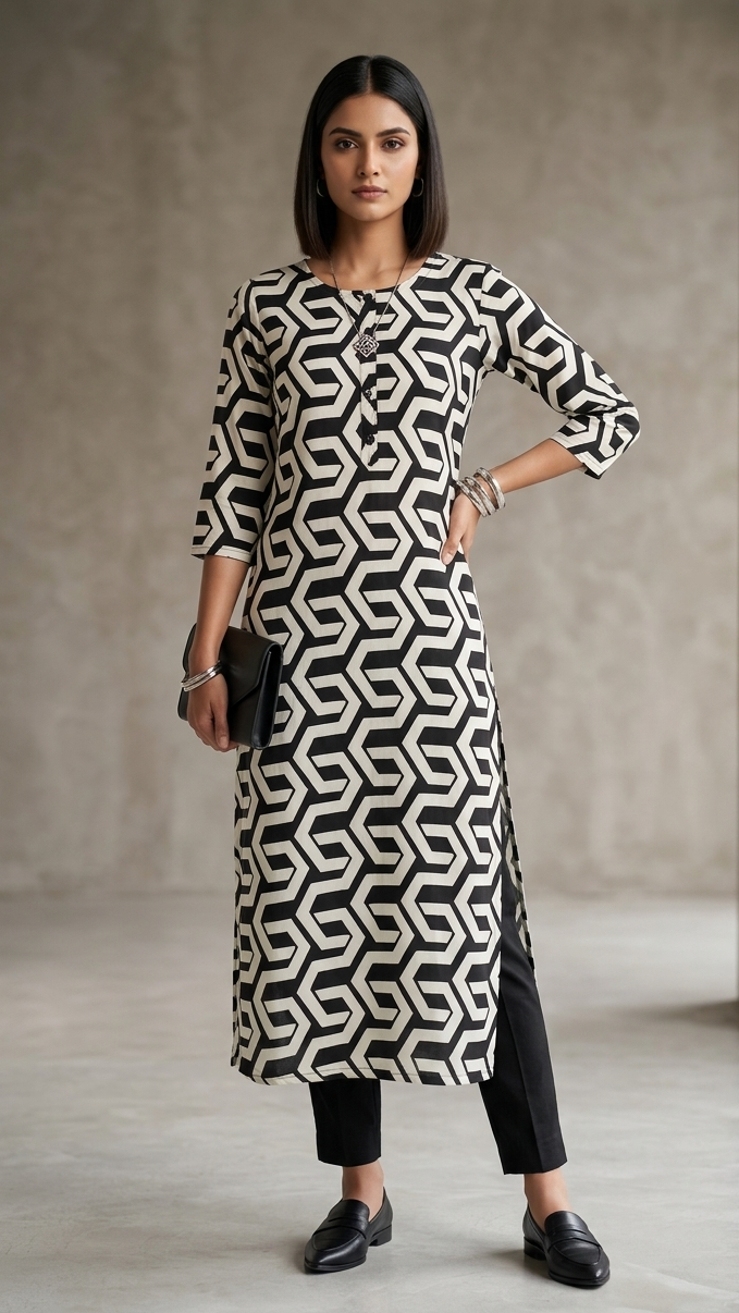 Woman wearing a black and white patterned dress against a neutral background