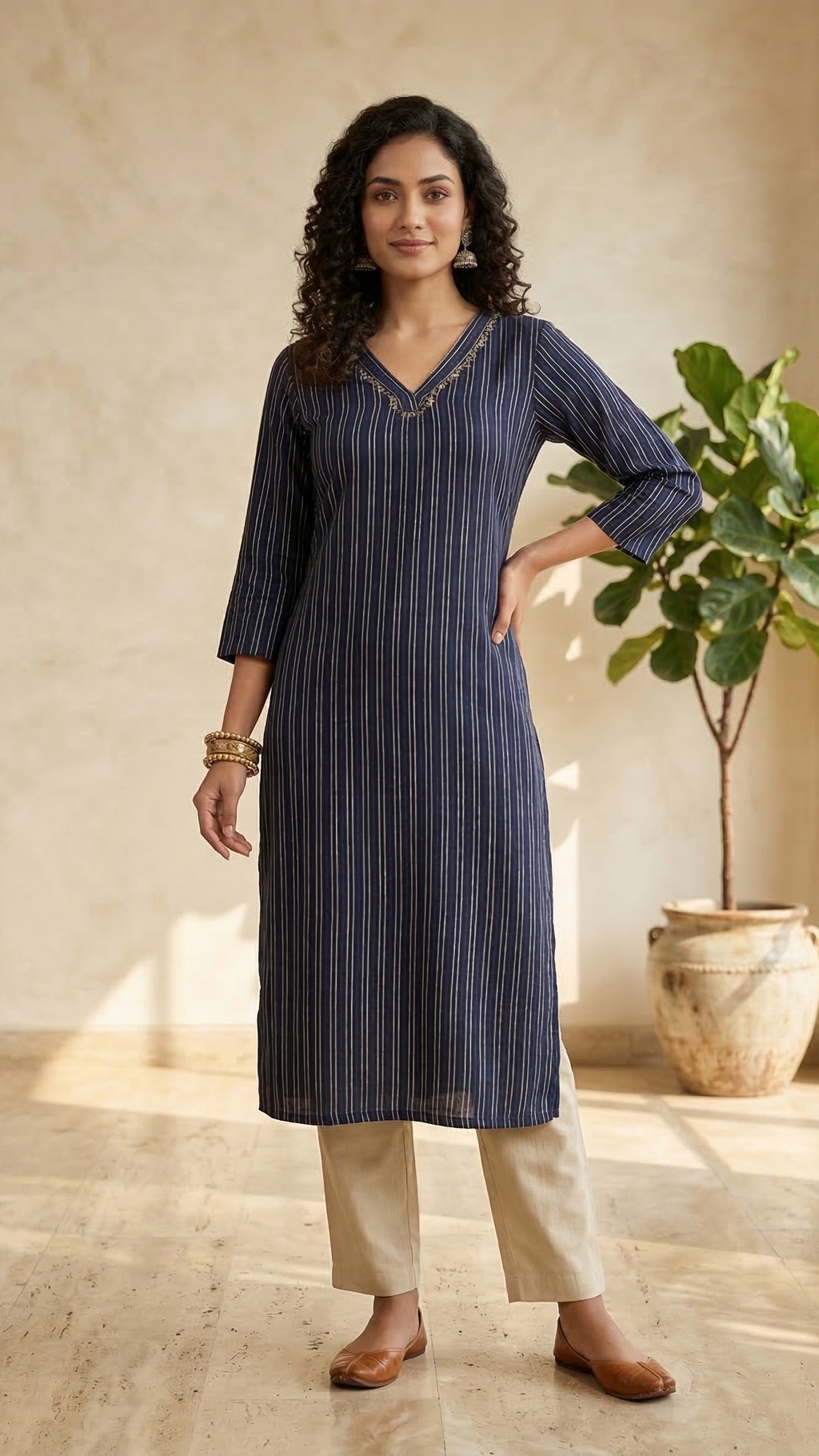 Navy blue kurti for women displayed on a model, showcasing its elegant design and comfort.