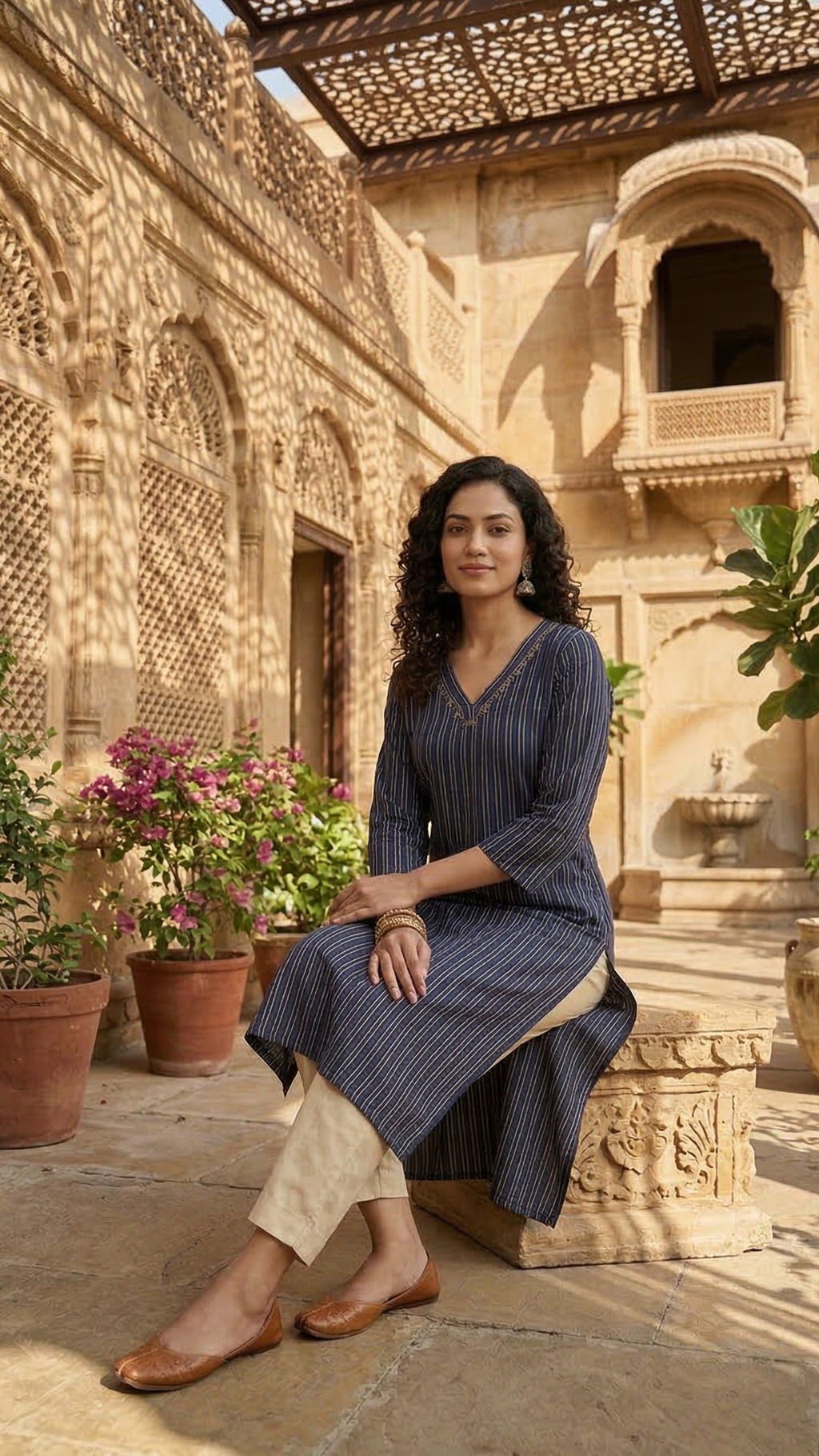 Navy blue kurti for women from REET by Bunaiganj, elegantly styled in a scenic outdoor setting.