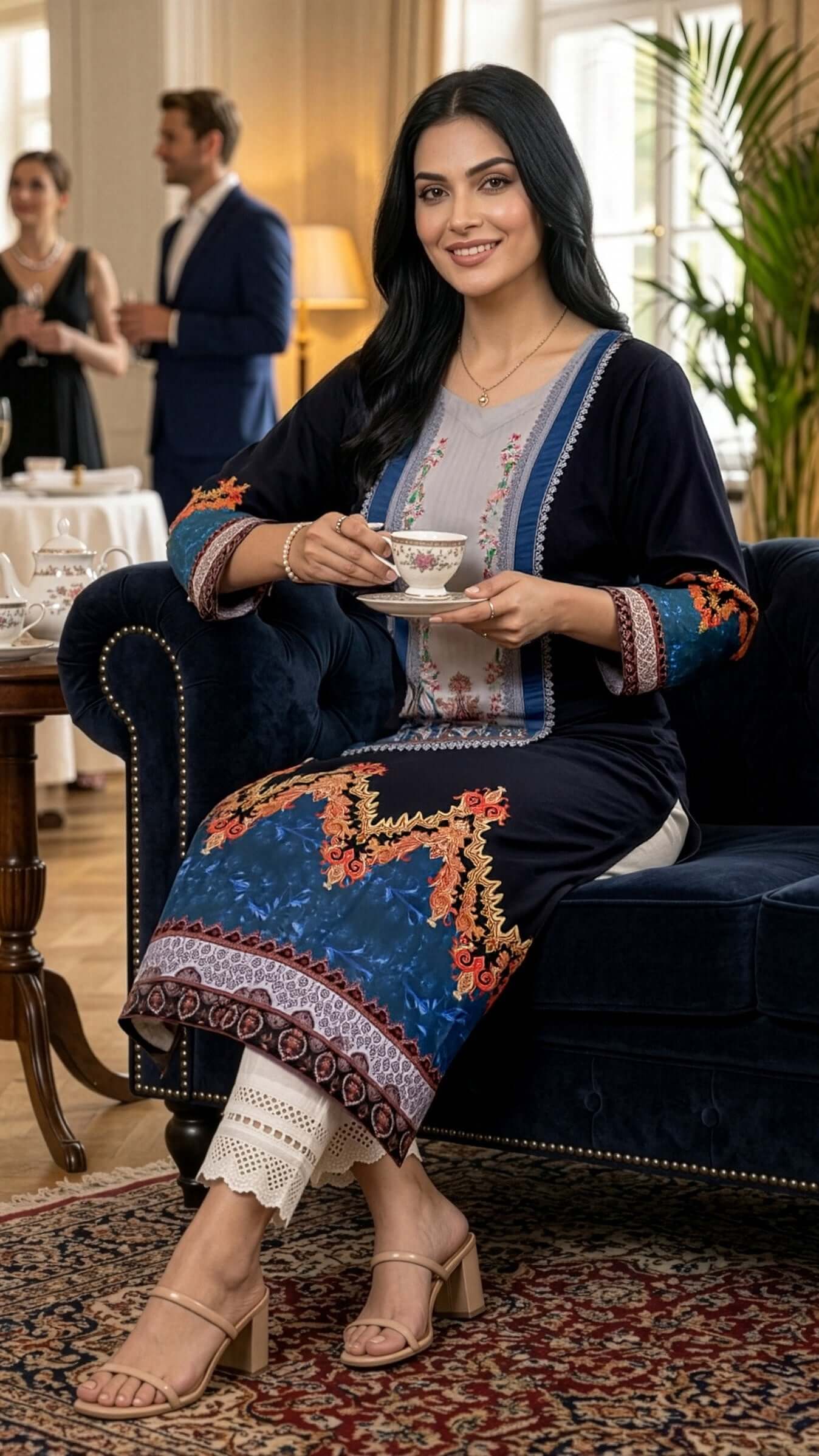 Woman wearing a long kurti from REET by Bunaiganj, sipping tea elegantly in a stylish setting.
