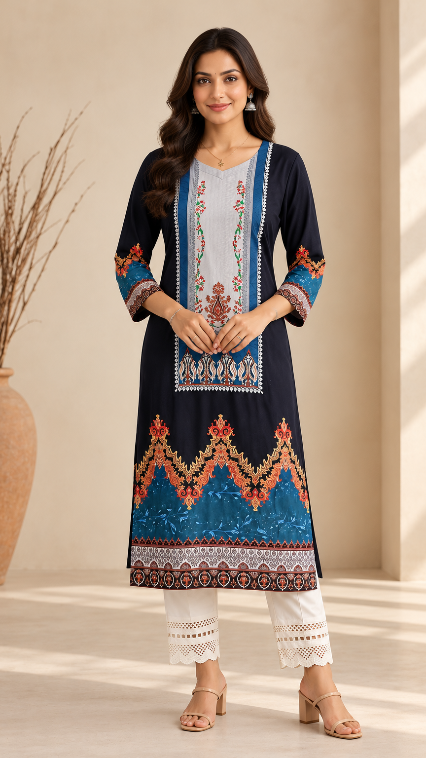 A woman modeling a dark navy blue kurta with intricate multicolor embroidery, paired with white pants, in a warm beige studio setting with a decorative vase.