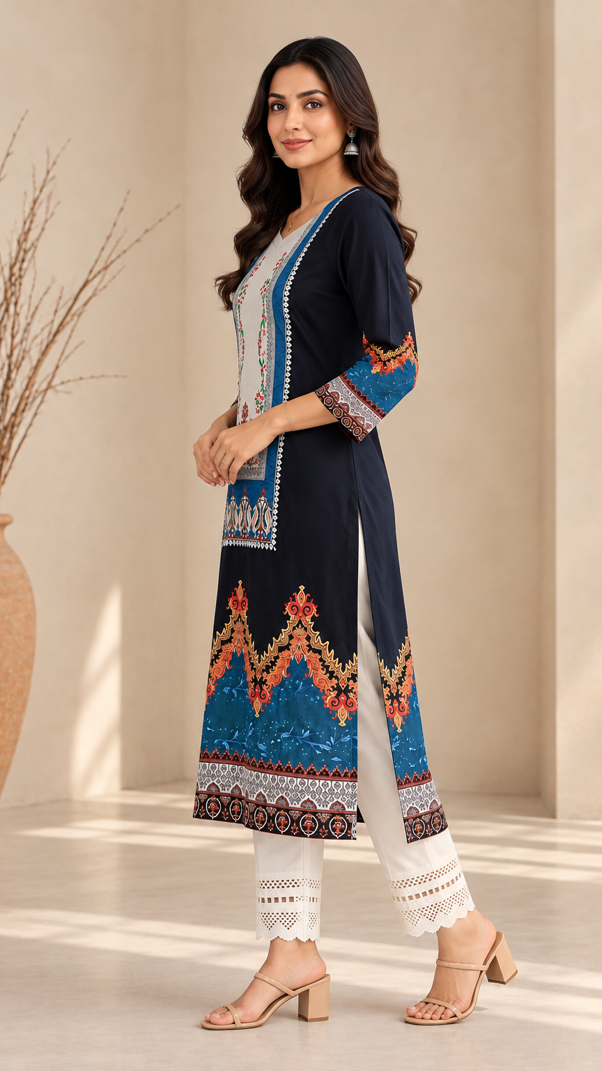 A woman models a traditional Indian salwar kameez outfit. The outfit features a navy blue kameez with intricate multicolor embroidery on the hem and cuffs, paired with white salwar pants and beige block-heel sandals, set against a warm beige background with a decorative vase.