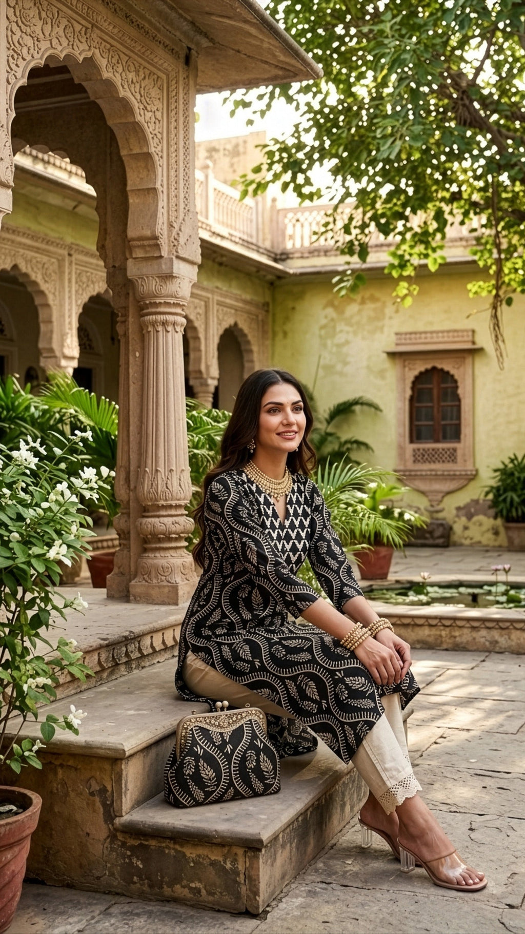 Model wearing designer long kurtis in black and white, seated in an elegant outdoor setting.