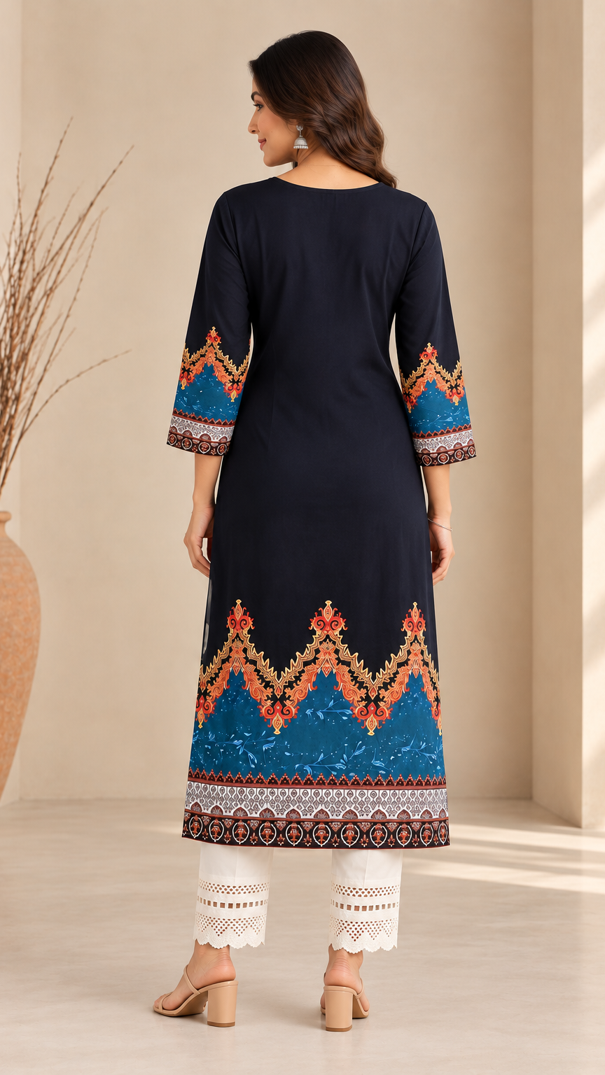A woman shown from the back wearing a navy blue kurta with colorful embroidered patterns on the sleeves and hem, paired with white lace-trimmed pants and beige heels, in a warm neutral indoor setting.