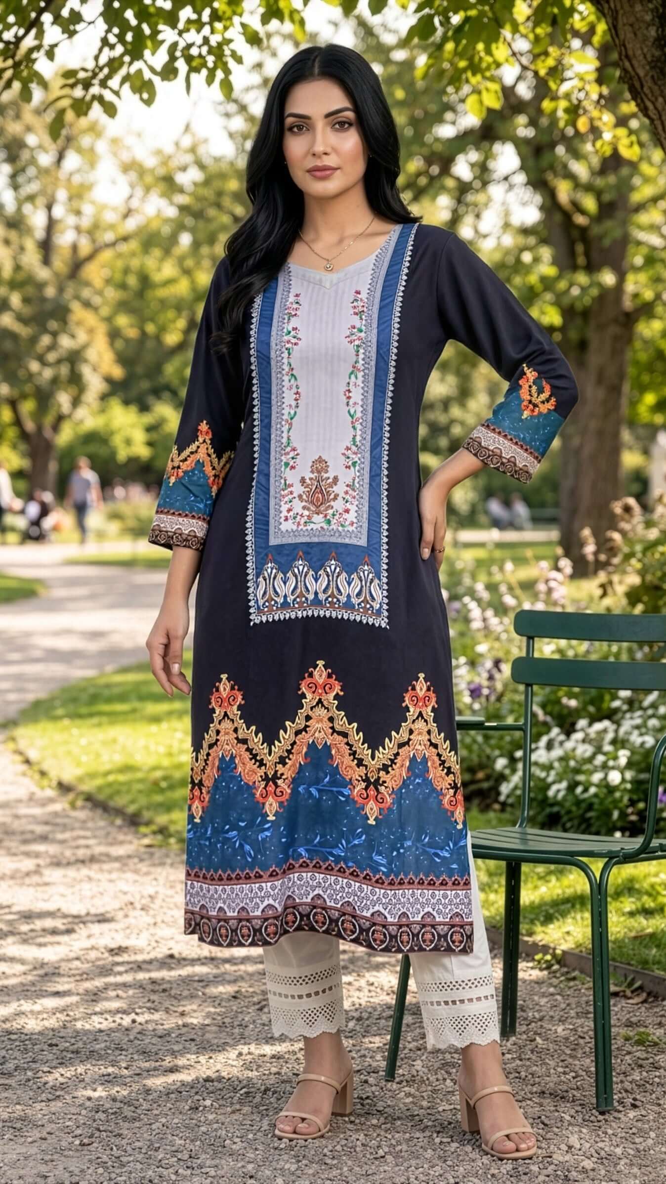 Model wearing a long kurti from REET by Bunaiganj, featuring vibrant embroidery and a comfortable silhouette in a garden setting.