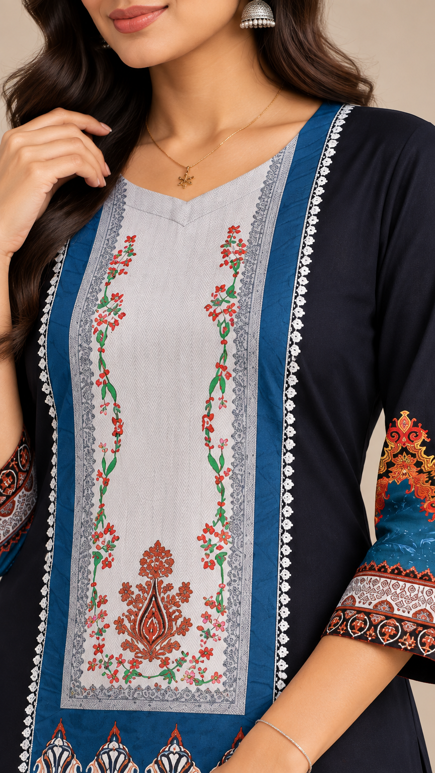 A close-up of a woman wearing a navy blue kurta with a light gray front panel, decorated with red floral embroidery, green stems, and blue borders with white lace trim.