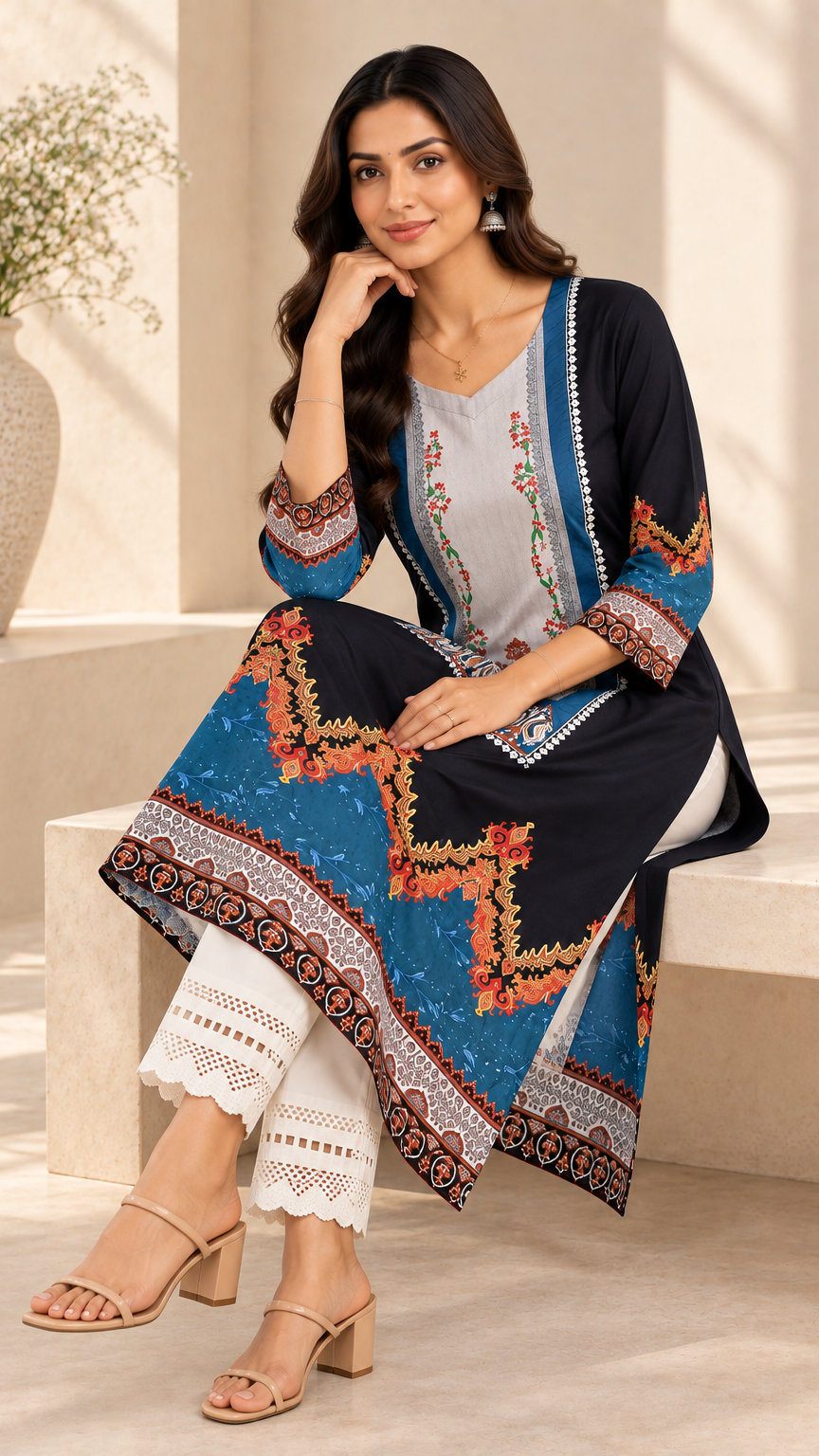 A woman models a three-piece Indian ethnic wear set featuring a navy blue kurta with colorful embroidery, a light gray inner top, and white pants, posed on a beige stone bench.